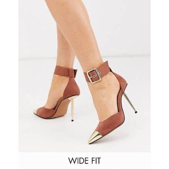 ASOS Shoes - ASOS DESIGN Wide Fit Pierce Suede Feel Mocha w Gold Toe Cap & Heels Sz 9 NEW